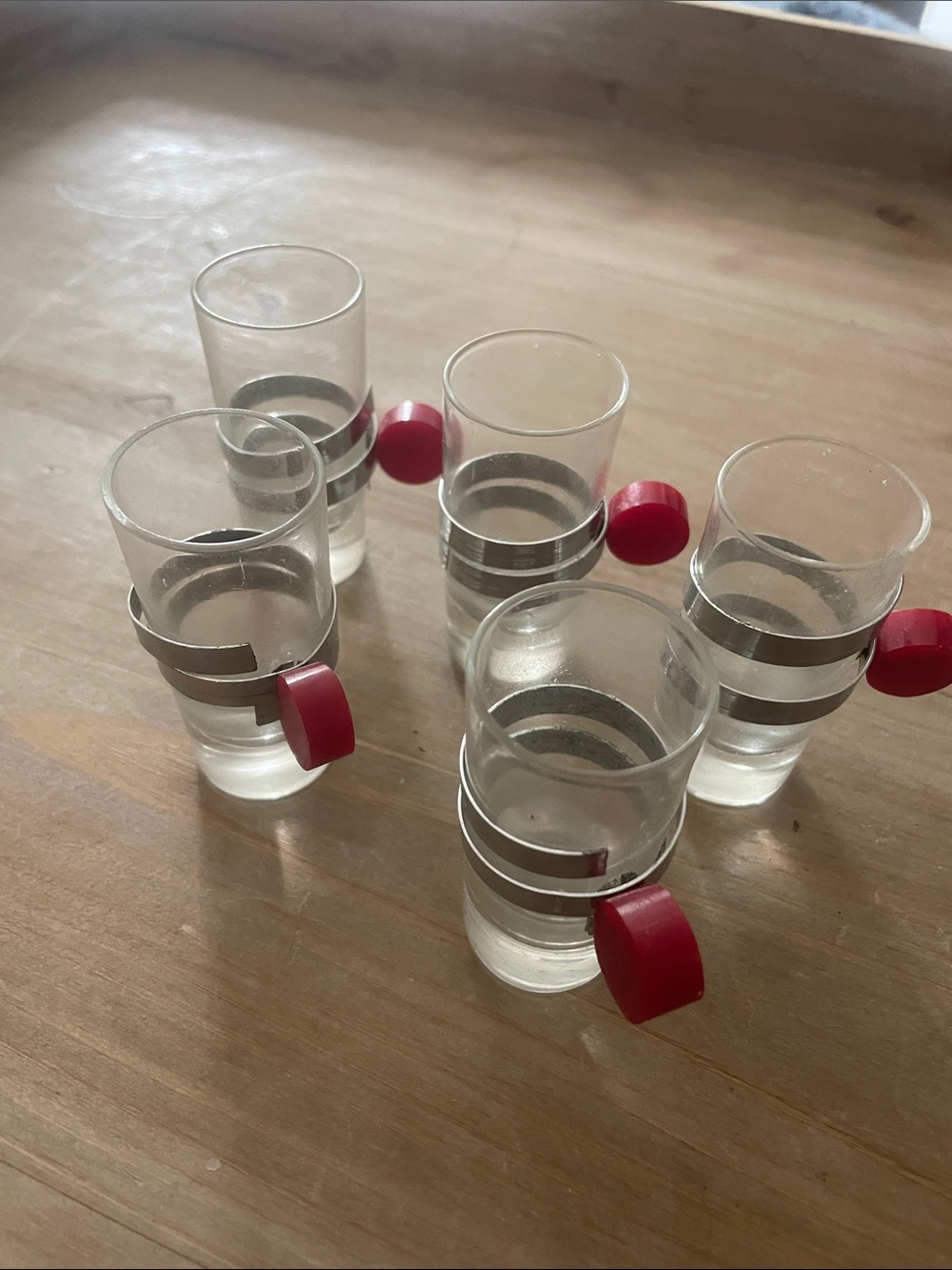 Mid Century Cordial  Glass Set (5) with removable metal Red Accent Handles